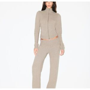 NEW SKIMS Wool Cashmere Zip Up Mock Neck Sweater Linen Khaki Brown XL NWT